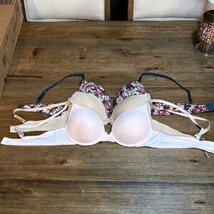 Daisy Fuentes Floral and White Bra , pink, and tannset of 3 bras